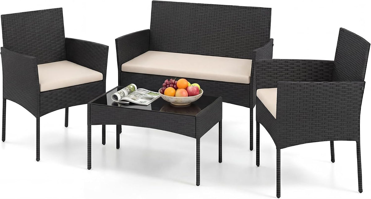 Conjunto de mobiliário de jardim, GIANTEX, ratã, vidro, Bege, para jardim e exterior