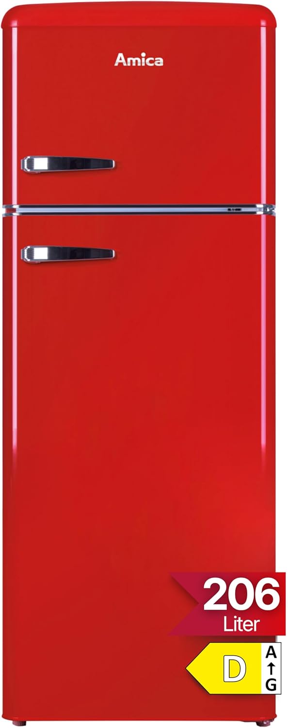 Frigorífico combinado, Amica, Retro, 206 L, 62 cm, 144 × 55 × 62 cm, 39 dB, Vermelho, para uso diário