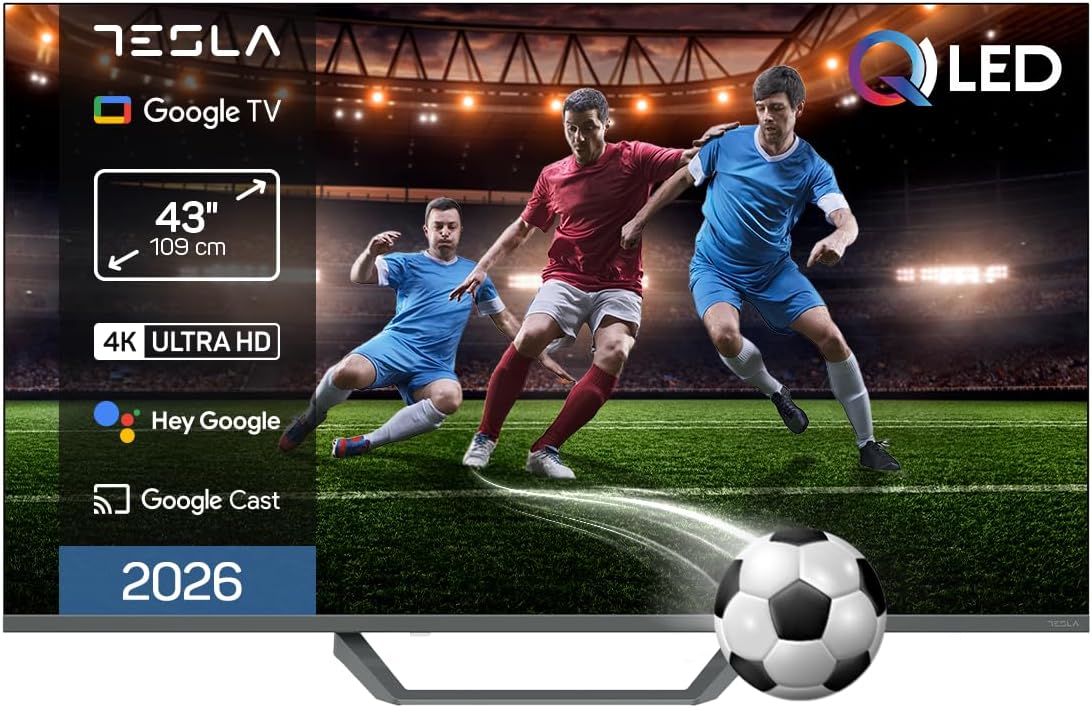 Televisor, TESLA, QLED, 12,6 kg, com iluminação LED, com controlo por aplicação, Preto, para a sala