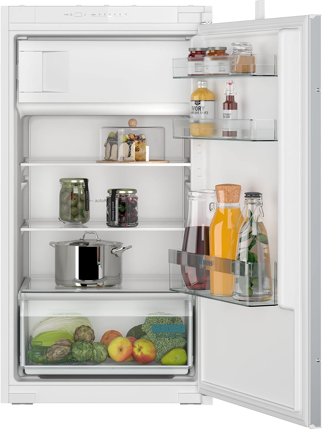 SIEMENS, Frigorífico combinado, KI32LNSE0, 56 cm, 132 L, 15 L, 102 × 56 cm, com iluminação LED, com gavetas, com prateleiras, vidro, Multicolor
