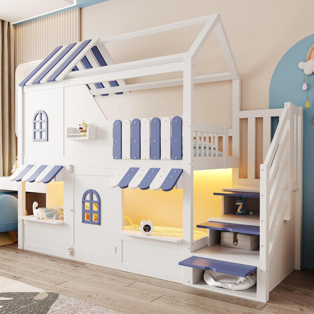 Cama, YuQozii, 200 cm, 90 × 200 cm, com iluminação LED, com prateleiras, madeira, Branco, para o quarto