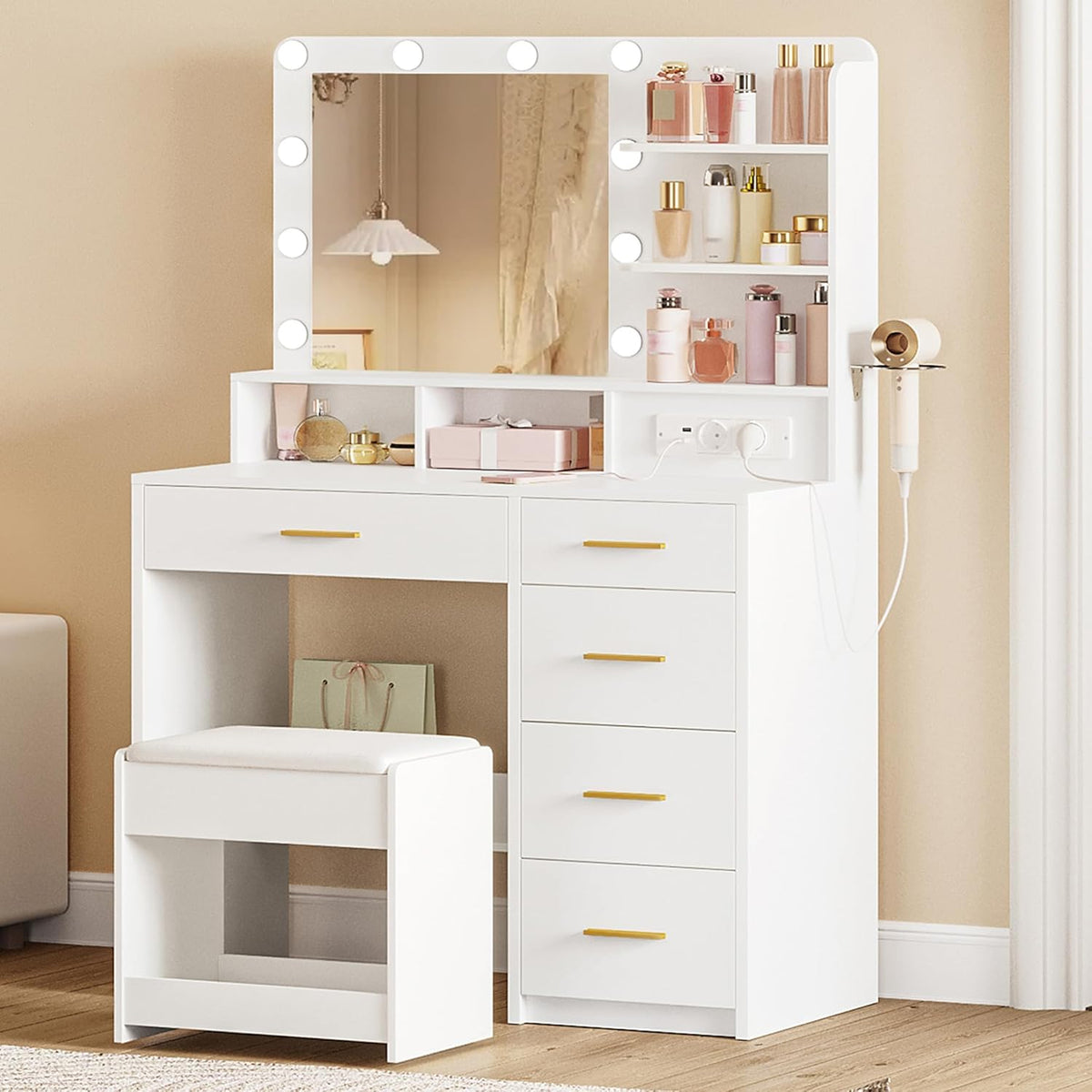 Toucador, Hzuaneri, Schminktisch, 90cm, com iluminação LED, com portas, Branco, para o quarto
