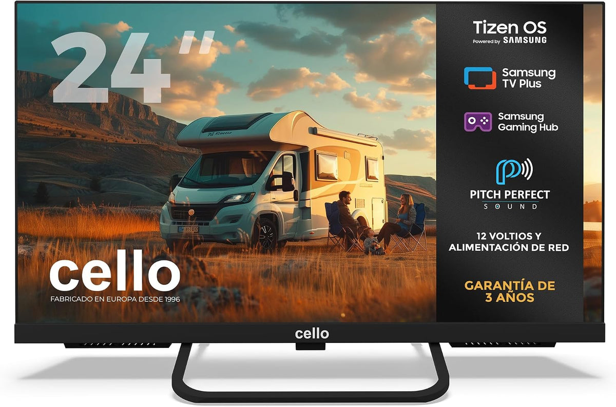 Televisor portátil, Cello, CTRAV-24TZ, 12 V, 3 A, 5 G, 12,3 kg, com iluminação LED, com controlo por aplicação, Multicolor, para a sala