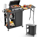 Mesa de apoio, GFTIME, Grillwagen, 89cm, 143 × 37 × 89cm, 75 × 50 × 89cm, 68 × 37 × 89cm, 17', dobrável, com rodas, com prateleiras, aço, Natural