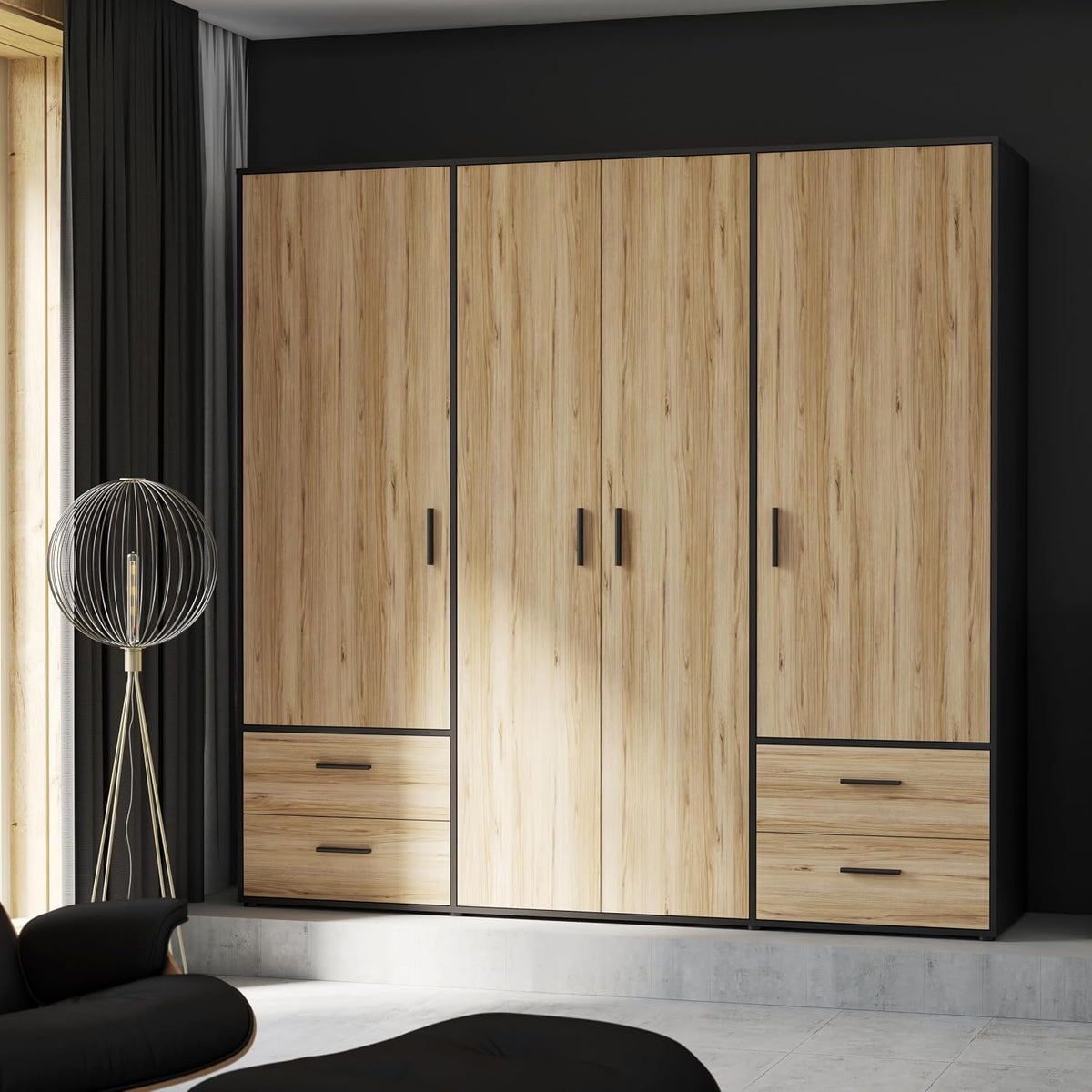 Roupeiro, Forte, Jupiter, 206 cm, 53 cm, 200 cm, 3 kg, regulável, com gavetas, com portas, madeira, plástico, Preto, para o quarto