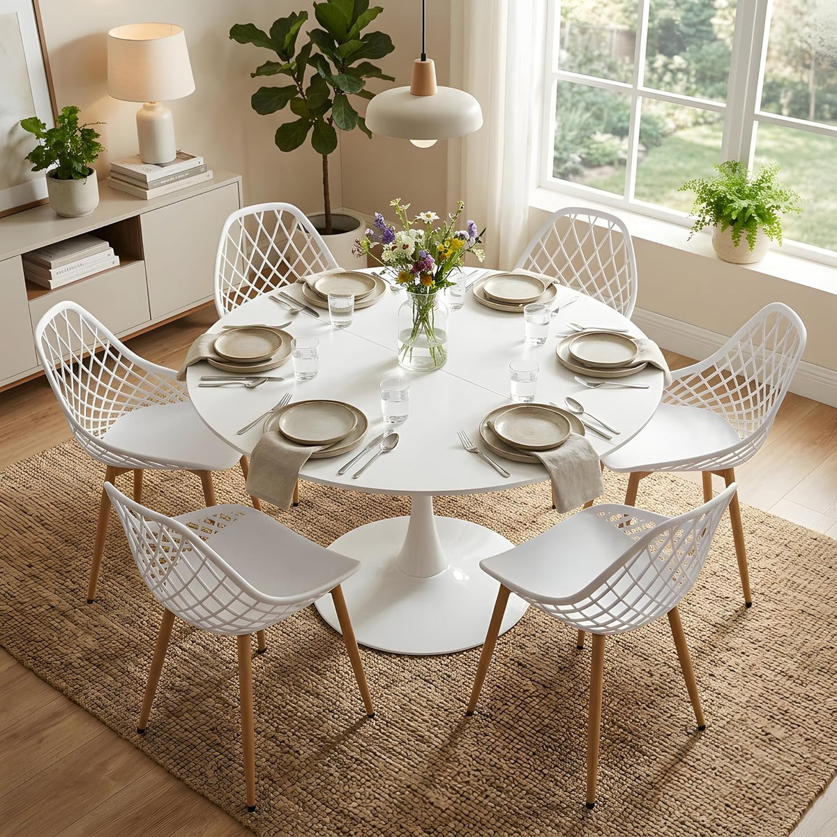 Conjunto de jardim, DazzlerE, com 6 cadeiras, 100 cm, aço, madeira, Branco, para jardim e exterior