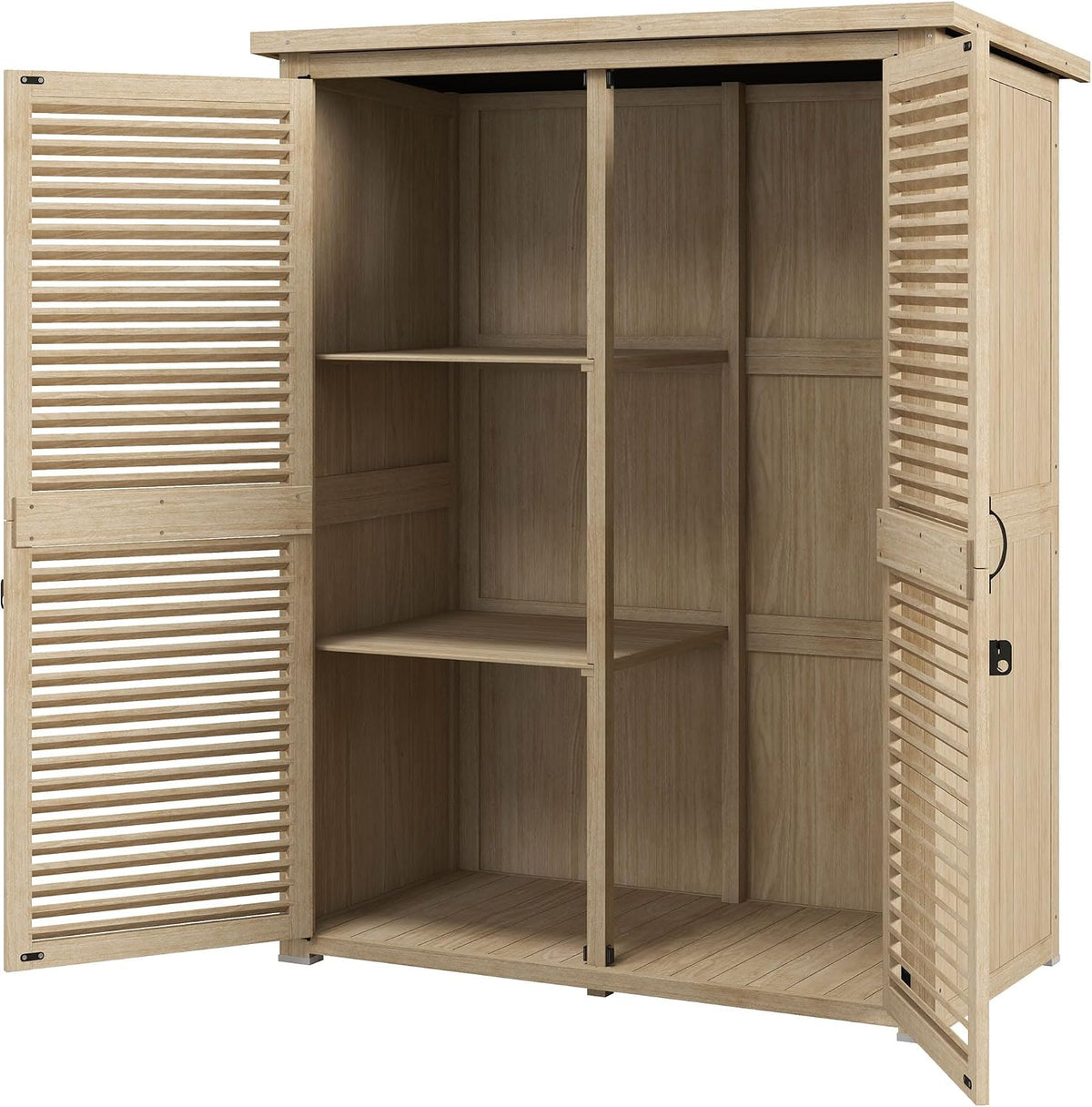 Abrigo de jardim, Outsunny, 127 × 65 × 168 cm, 40 kg, 70 kg, 119 × 57 cm, 2 pessoas, com prateleiras, madeira, tecido, Natural, para jardim e exterior