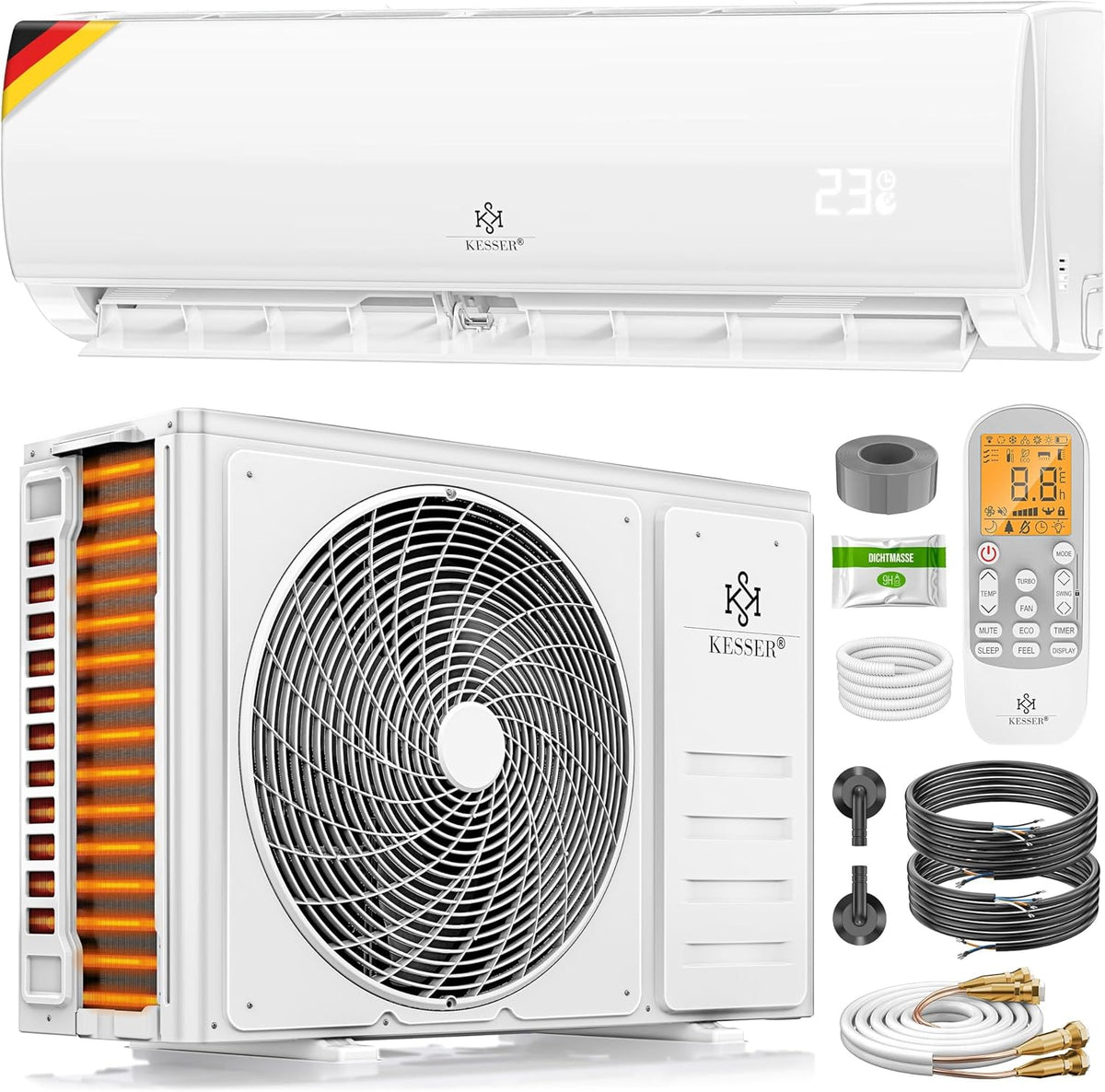 Ar condicionado split, KESSER, 12000 BTU, 9000 BTU, 2600 W, 3400 W, com controlo por aplicação, plástico, Cobre, para uso diário