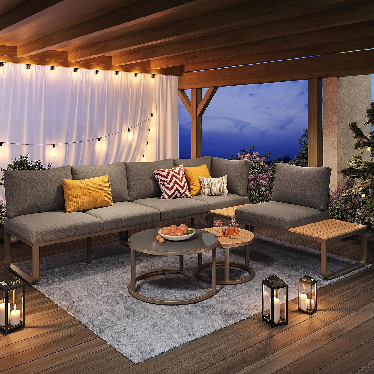 Conjunto de mobiliário de jardim, ECLIVON, 5 Pessoas, aço, madeira, Cinzento, para jardim e exterior