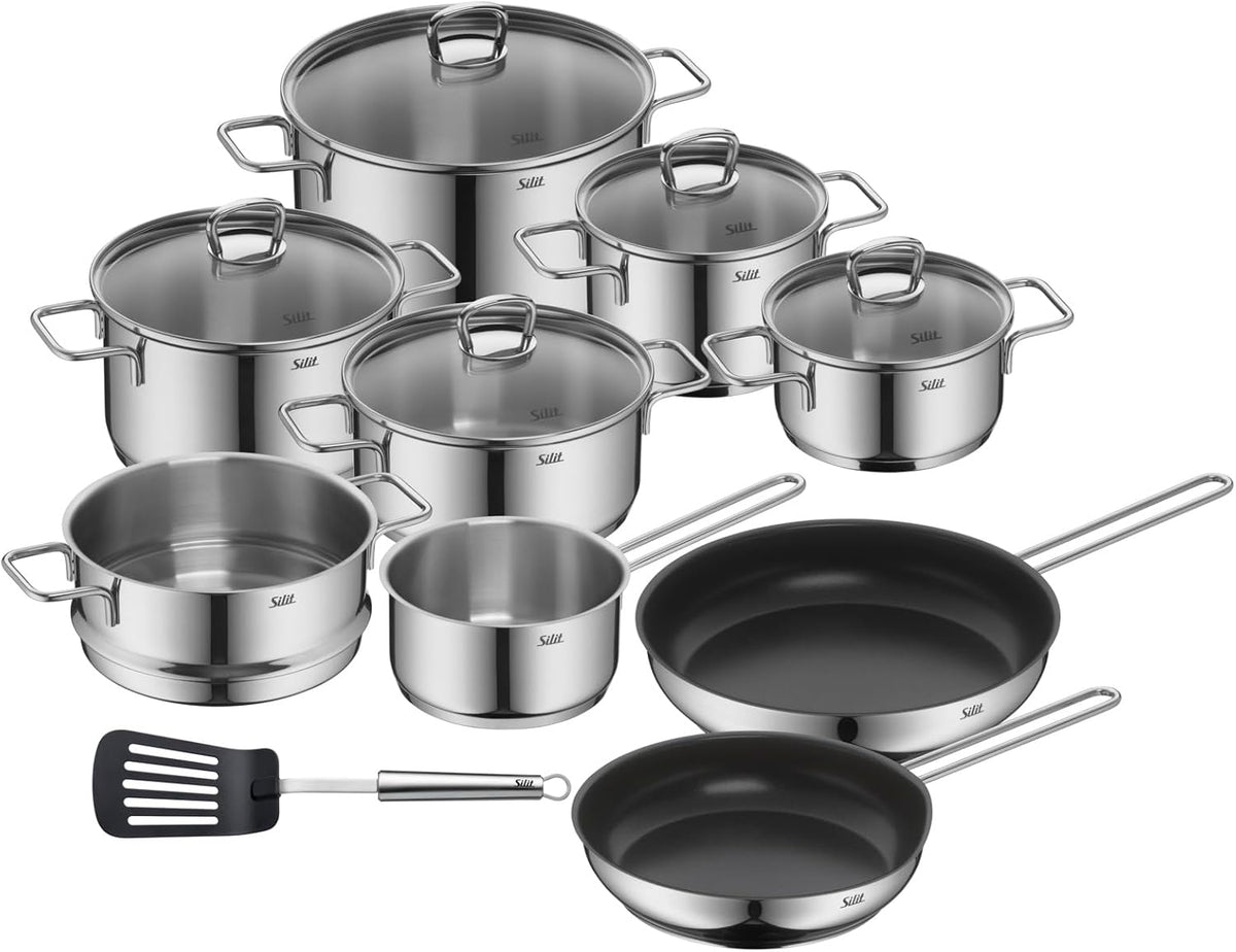 Conjunto de panelas, Silit, Alicante, 16 cm, 1,9l, 20 cm, 3,3l, 24 cm, aço inoxidável, aço, Prateado / Preto, para a cozinha