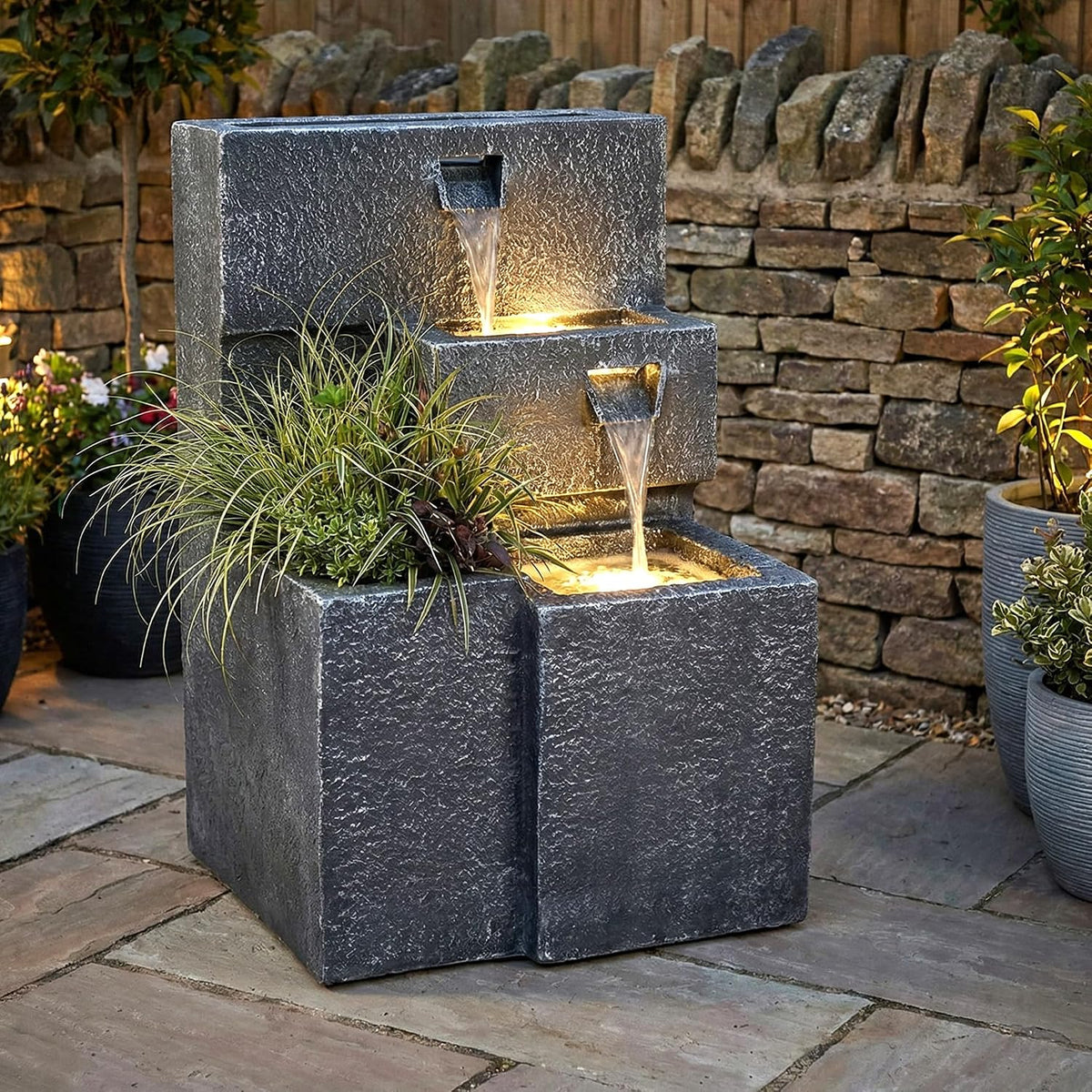 Fonte de jardim, Arnusa, 75 cm, 47,5 cm, 41,5 cm, 600 l/h, 12 W, com iluminação LED, Mehrfarbig, para utilização no exterior