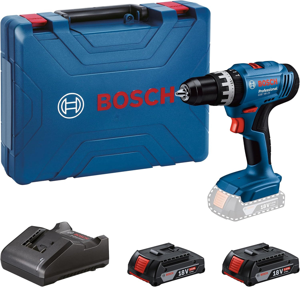 Berbequim aparafusador, Bosch Professional, 18V-25, 18 V, 10 mm, 2.0 Ah, madeira, Natural, para trabalhos de manutenção