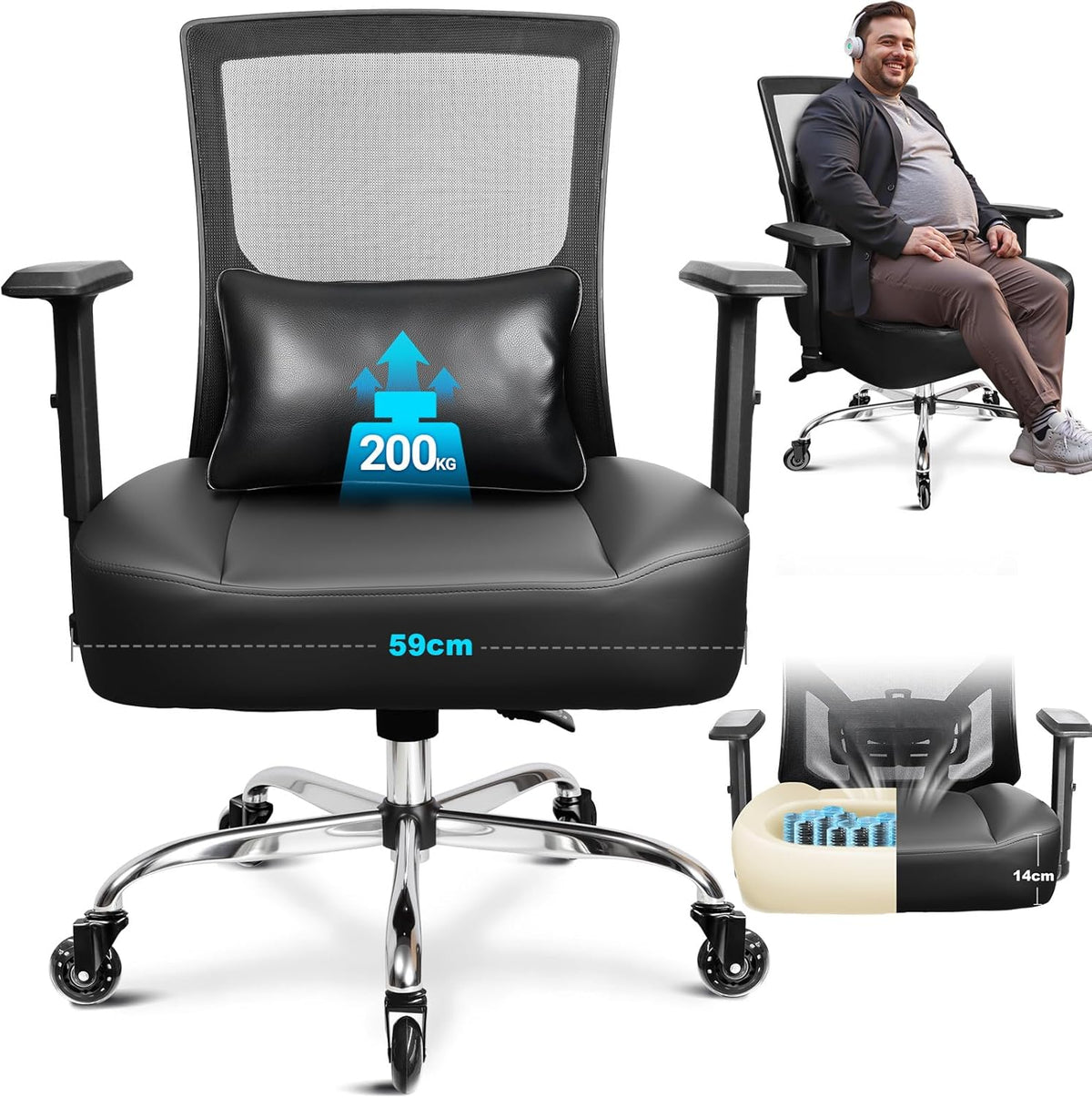 Cadeira de escritório, MELOKEA, 200KG, 200kg, 1137kg, 59cm, regulável, com rodas, aço, Mehrfarbig, para uso diário
