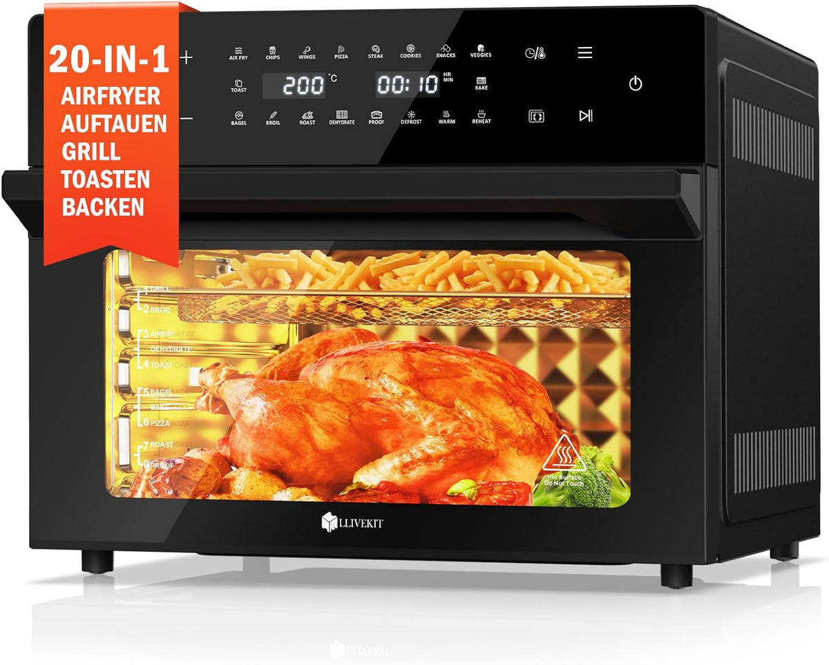 Fritadeira de ar quente, LLIVEKIT, 30 L, 20 Programas, com iluminação LED, com gavetas, vidro, tecido, Prateado, para a cozinha