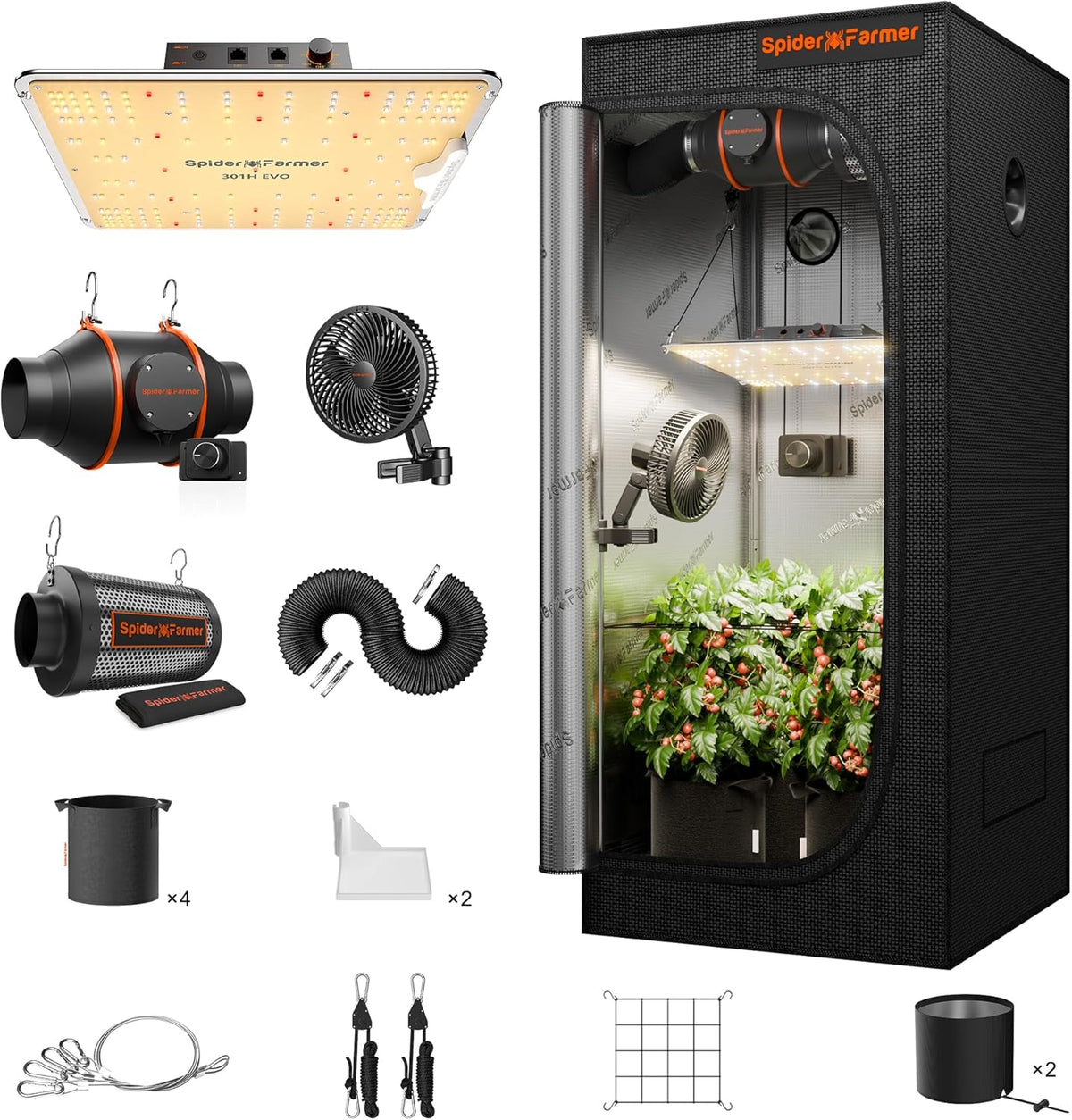 Estufa de jardim, Spider Farmer, Growzelt, 70 × 70 × 160cm, 100 W, 2.5g, 54 kg, 10cm, resistente à água, aço, alumínio, Prateado