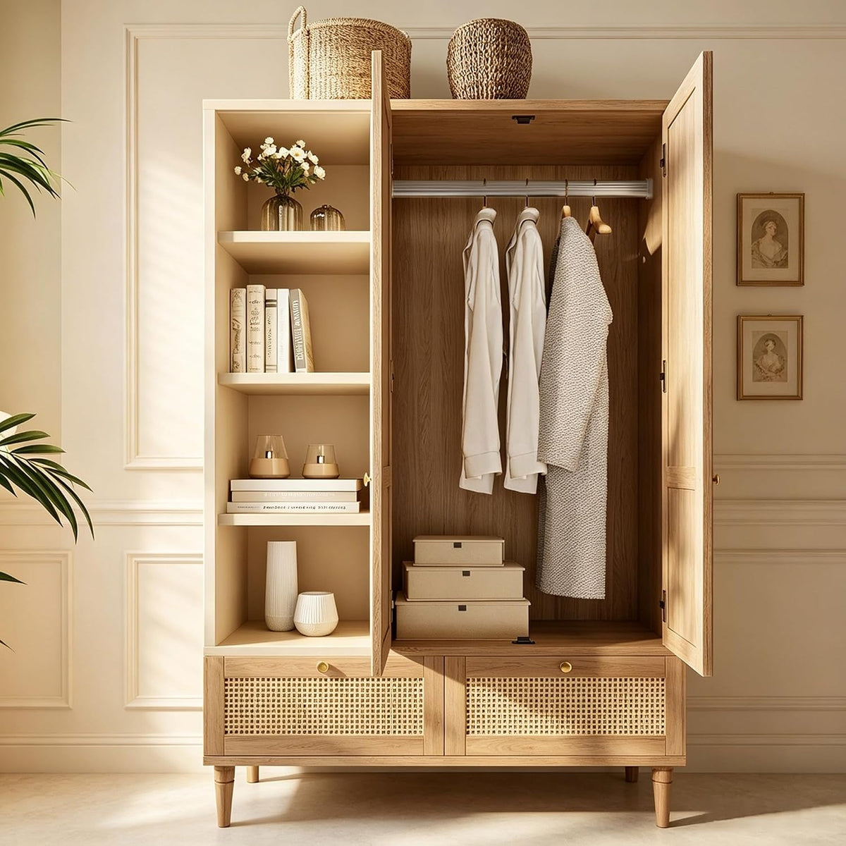 Roupeiro, Calivra, 120 × 50 × 180 cm, 180 cm, 15 cm, regulável, com gavetas, com prateleiras, madeira, ratã, Eiche, para o quarto