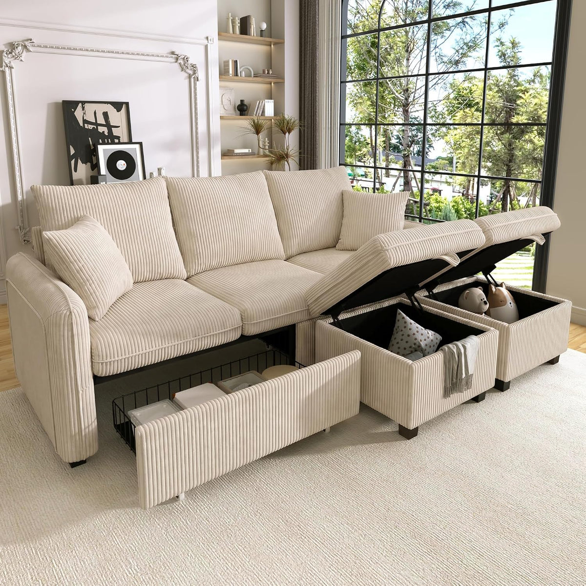 Sofá, Merax, Modulares, 188 cm, dobrável, com gavetas, com prateleiras, madeira, plástico, Bege, para a sala