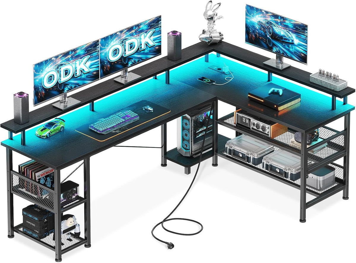 Secretária, ODK, Gaming, 120 cm, 168 × 120 cm, 13 cm, com iluminação LED, aço, madeira, Preto, para uso diário