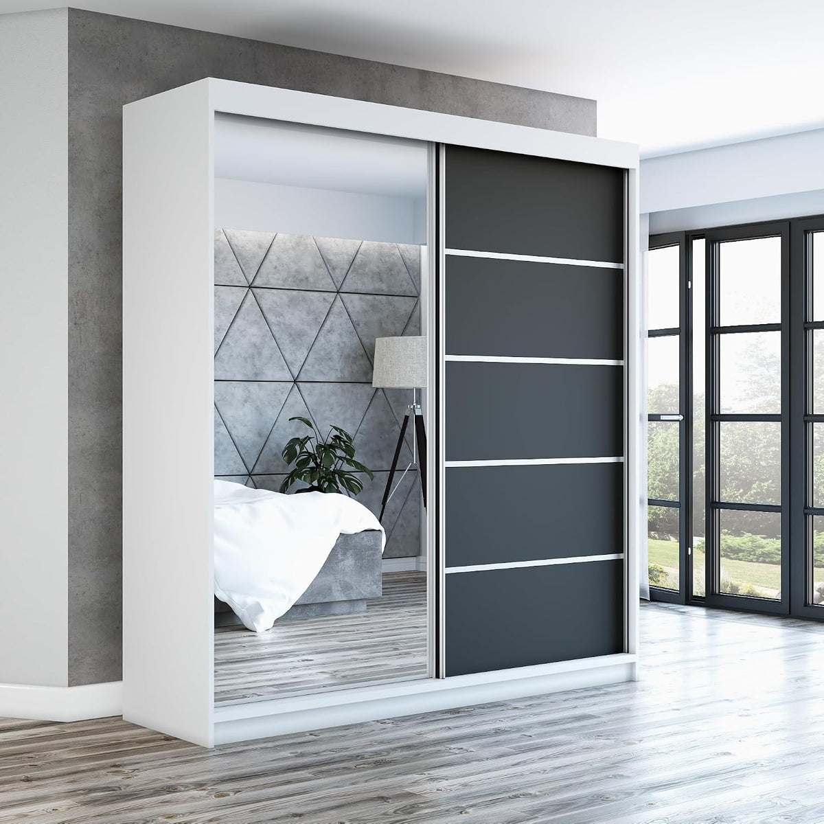 Roupeiro, A&J MöbelLand, Schwebet, 160 cm, 120 cm, com prateleiras, com portas, alumínio, Preto, para o quarto