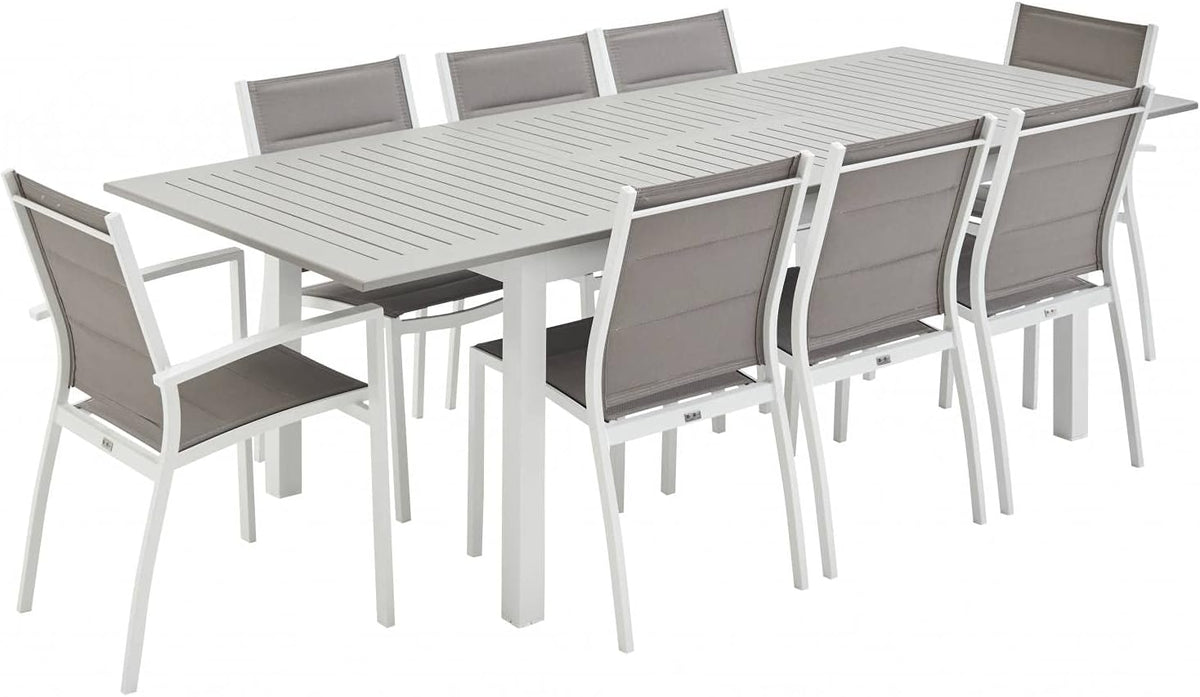 Mesa de jantar, Alice's Garden, 244 × 100 × 75 cm, 8 cadeiras, alumínio, tecido, Branco, para uso diário