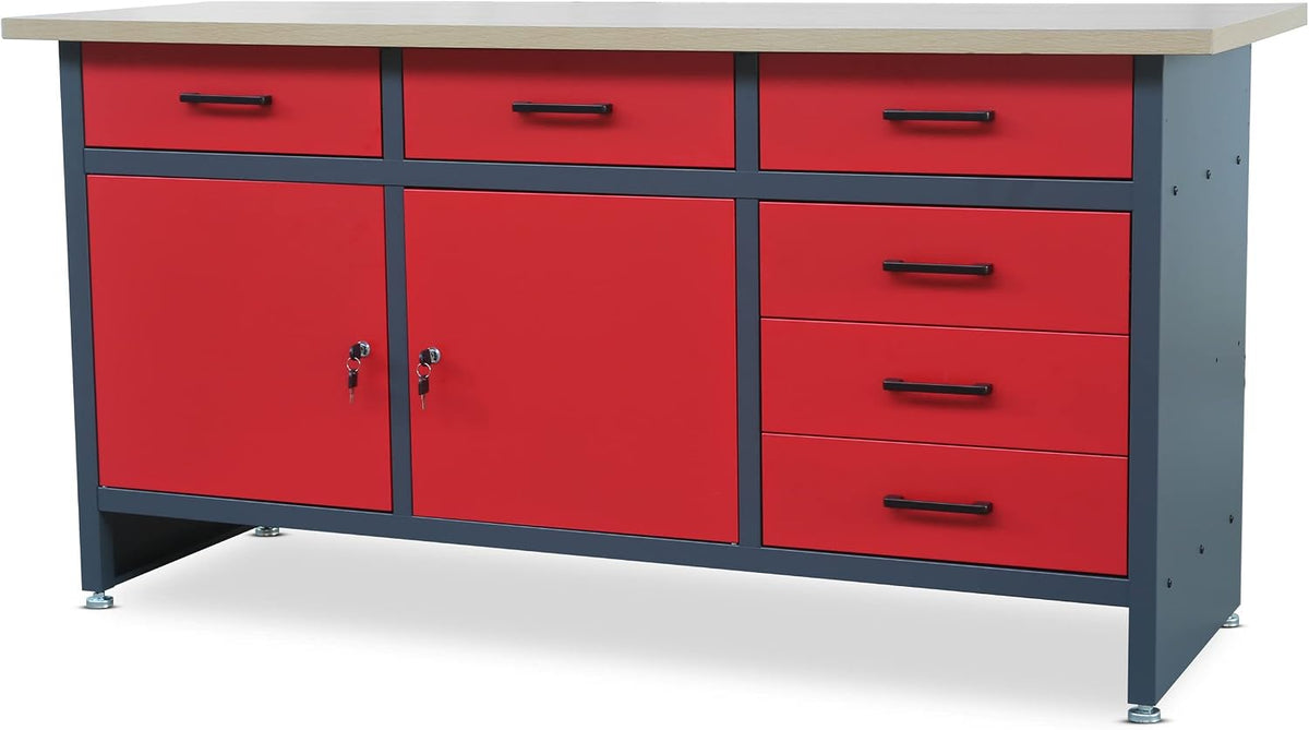 Bancada de trabalho, Jan Nowak, Werkbank, 500 kg, 170 cm, 60 cm, 85 cm, regulável, painel de madeira, metal, Vermelho, para uso diário