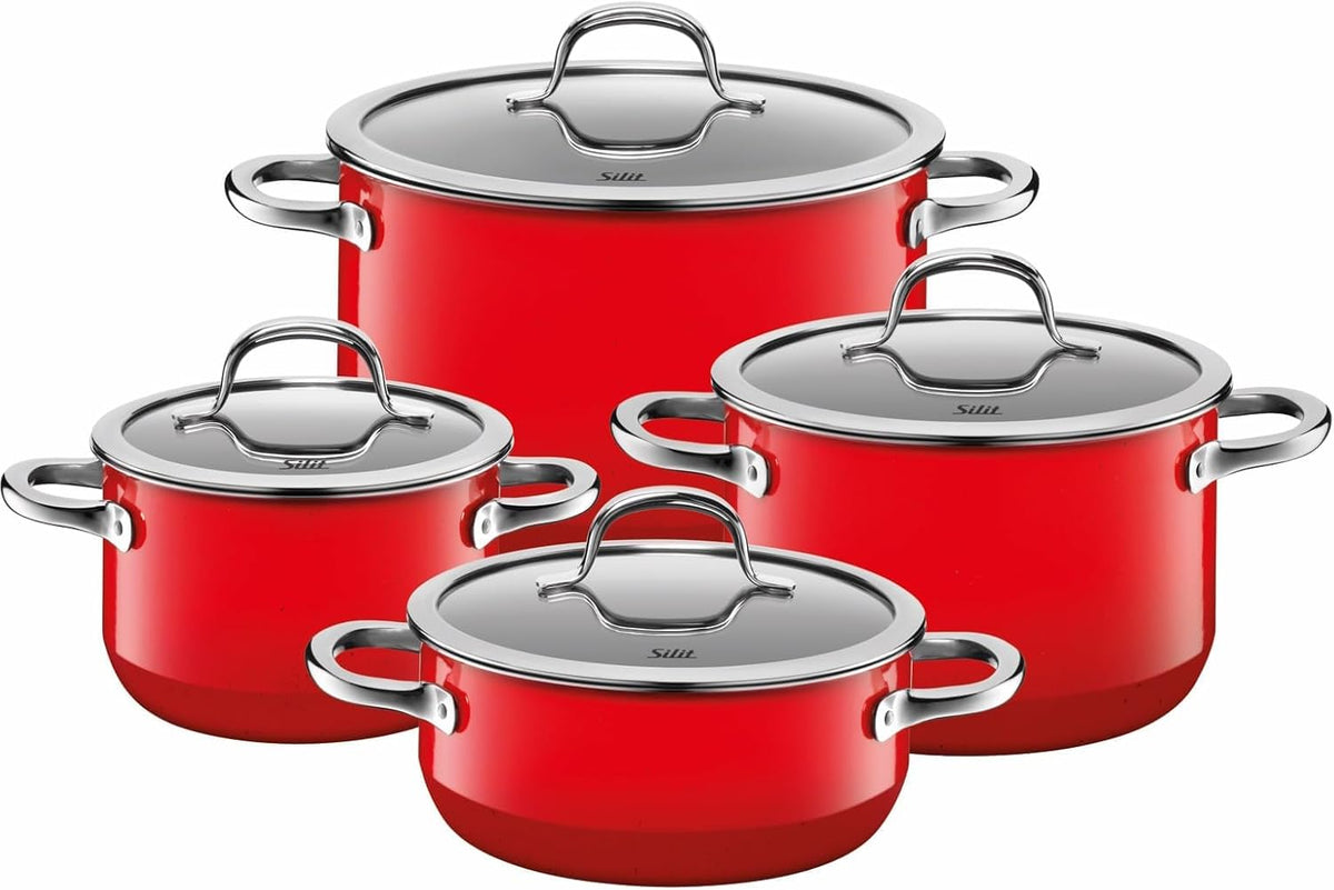 Conjunto de panelas, Silit, Passion, 16 cm, 2,0l, 20 cm, 3,7l, 24 cm, aço, vidro, Vermelho, para a cozinha