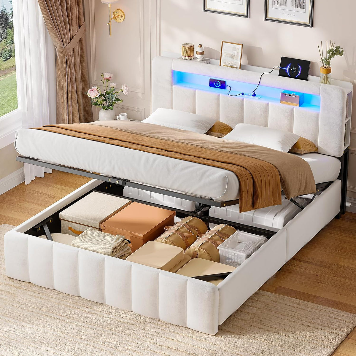 Cama, AOGLLATI, Polsterbett, 140 × 200 m, com iluminação LED, com comando à distância, com temporizador, Mehrfarbig, para o quarto