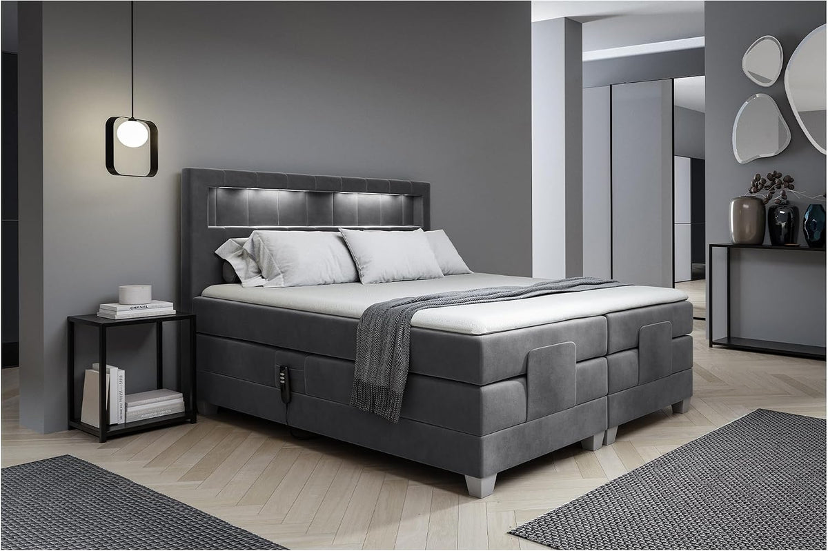 Cama box spring, MEBLINI, Boxspringbett, 5 cm, regulável, com iluminação LED, com portas, veludo, DunkelCinzento, para o quarto