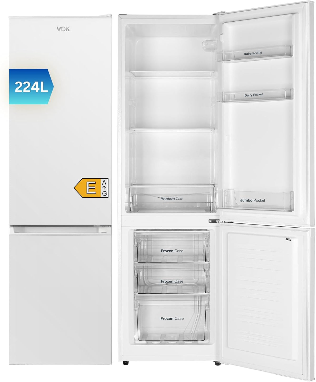 Frigorífico combinado, VOK, EVR-224DEW, 224 L, 170 cm, 54.5 cm, 39 dB, Classe E, com iluminação LED, com gavetas, com prateleiras, vidro, Branco