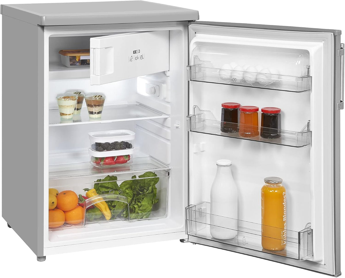 Frigorífico combinado, Exquisit, 109 L, Classe E, com iluminação LED, com gavetas, com prateleiras, aço, vidro, Prateado, para uso diário