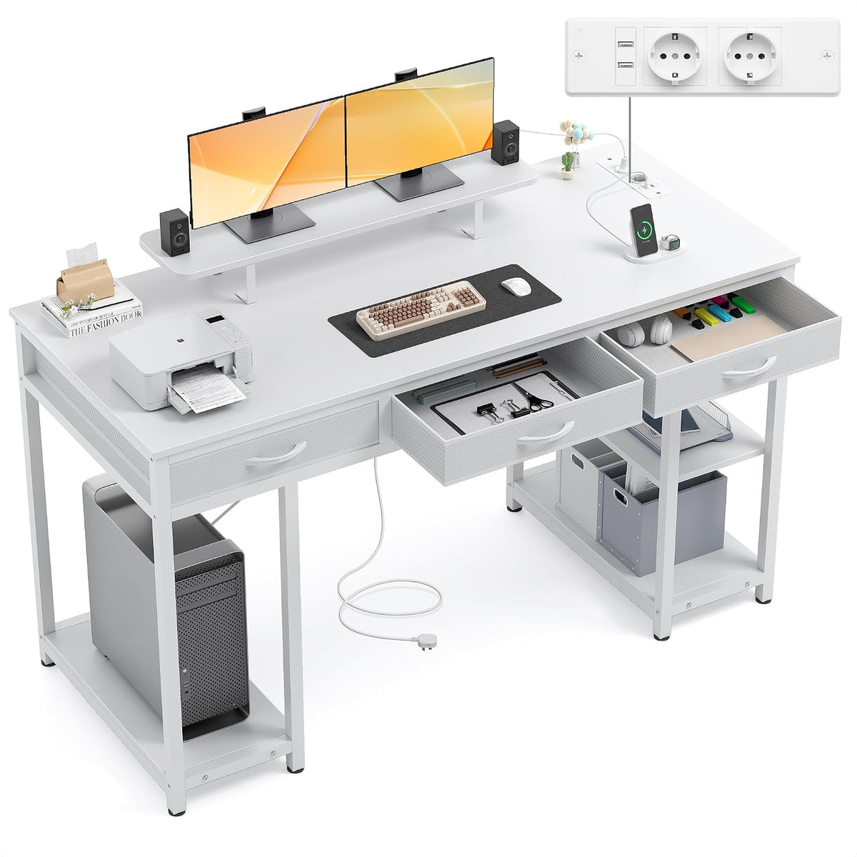 Secretária, Claiks, Computertisch, 60 cm, 140 × 60 cm, 5V, 2.4A, 250V, regulável, Branco, para uso diário