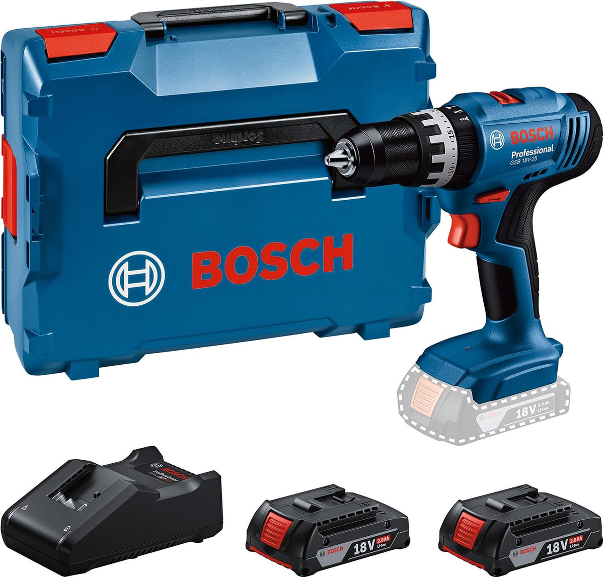Berbequim aparafusador, Bosch Professional, 18V-25, 18 V, 10 mm, 2.0 Ah, madeira, Natural, para trabalhos de manutenção