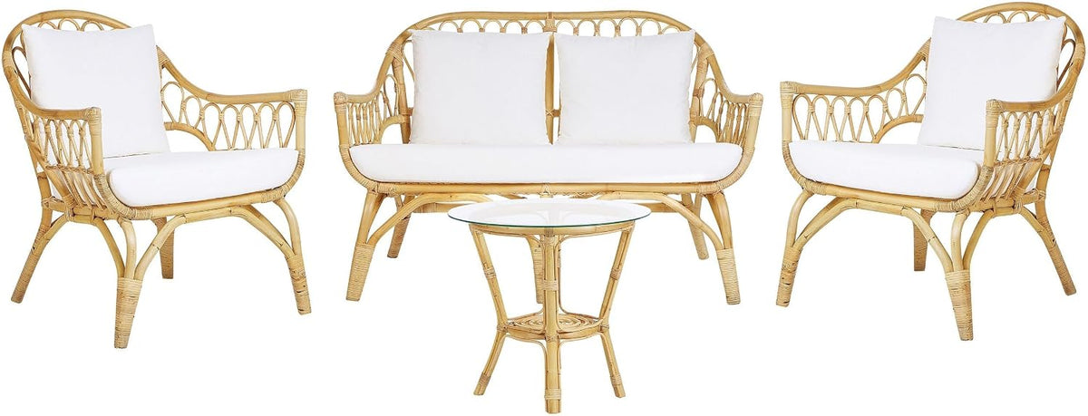 Conjunto de mobiliário de jardim, Beliani, 20 kg, 10 cm, 41 cm, 38 kg, 30 kg, com portas, ratã, algodão, Branco, para utilização no exterior