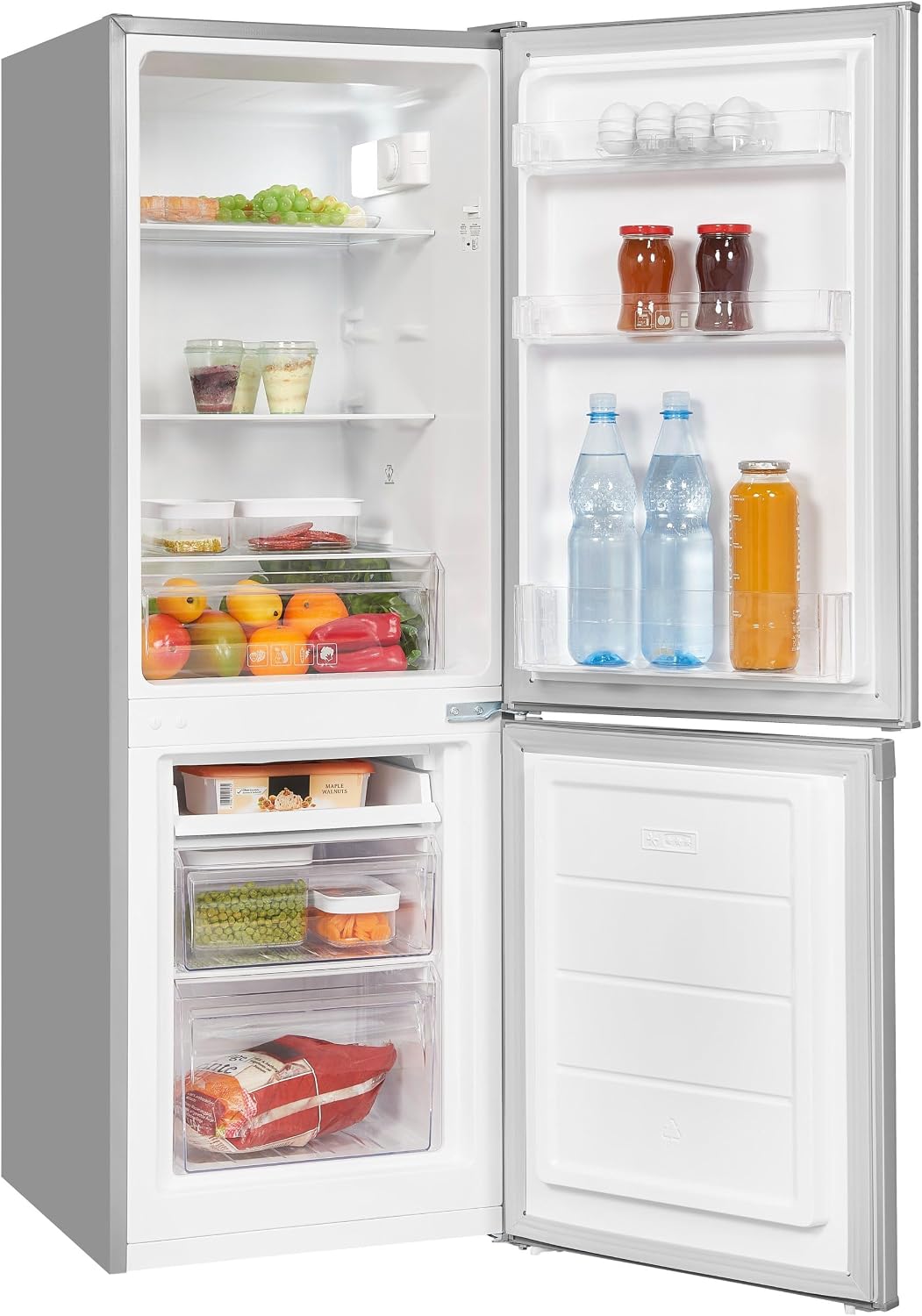 Frigorífico combinado, Exquisit, 173 L, 5 × 50 × 56 Cm, Classe E, regulável, com iluminação LED, com gavetas, vidro, Prateado, para uso diário