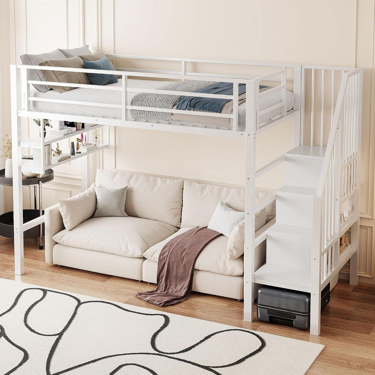 Cama, Kebnor, Hochbett, 200cm, com prateleiras, sem colchão, painel de madeira, Branco, para o quarto