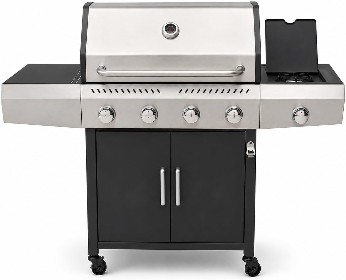 Grelhador a gás, EGLEMTEK, 16 kW, 42 cm, 67 × 42 cm, com prateleiras, com rodas, aço inoxidável, aço, Preto / Prateado, para jardim e exterior