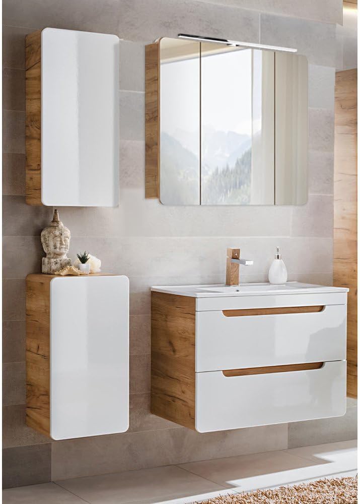 Armário com espelho, Lomadox, Badezimmerm, 81 cm, 46 cm, 32cm, 22cm, 60cm, com gavetas, com portas, painel de madeira, Branco, para uso diário