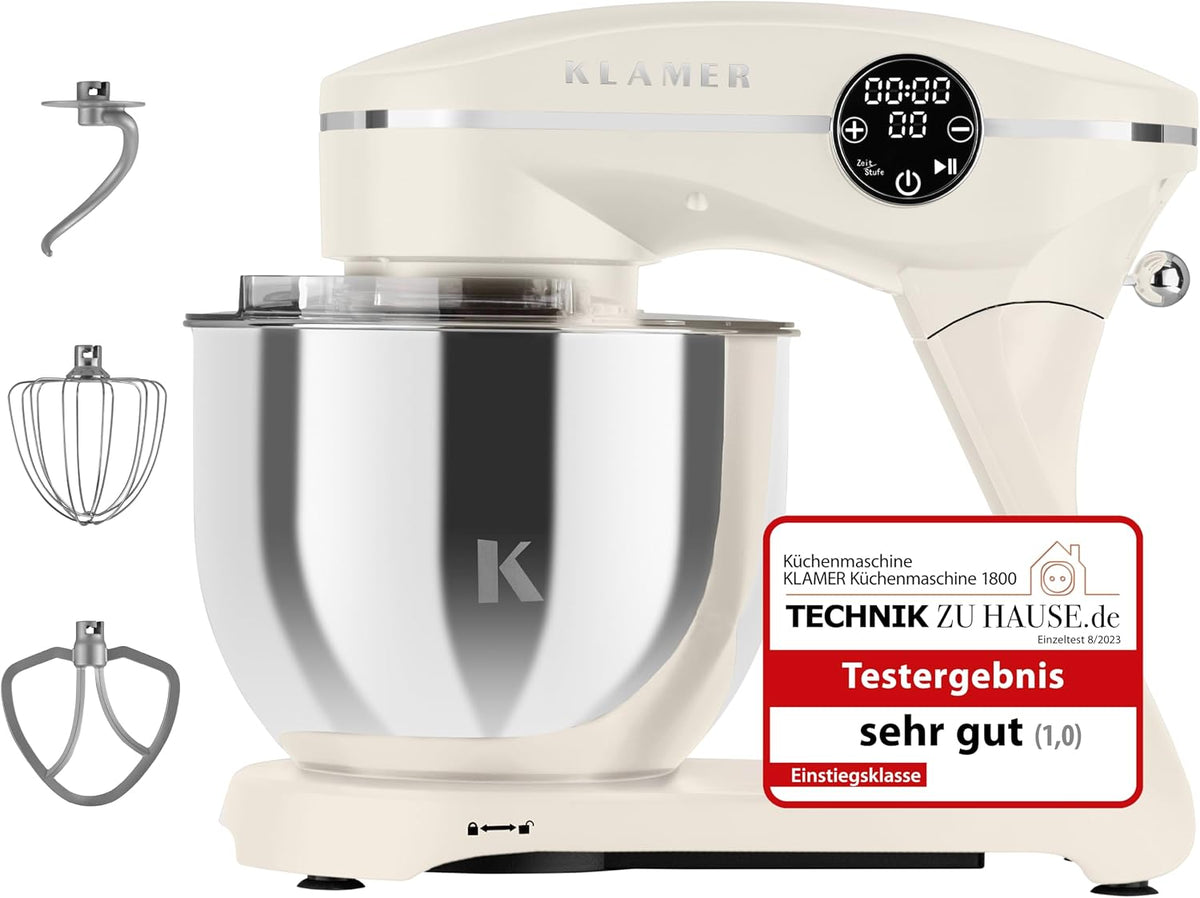 Robô de cozinha, KLAMER, 1800W, 6L, 7,6 kg, 1,5 kg, 5 l, com temporizador, aço inoxidável, aço, Creme / Transparente, para a cozinha