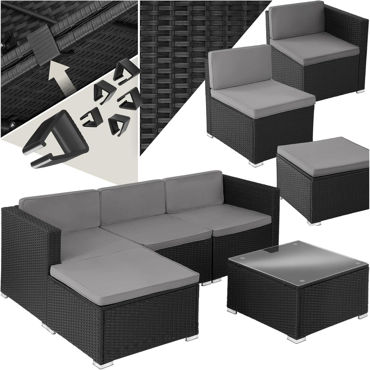 Conjunto de mobiliário de jardim, tectake, 6 cm, ratã, vidro, Preto, para jardim e exterior