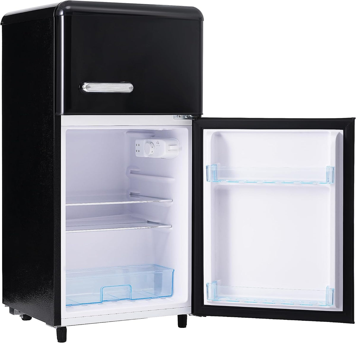 Frigorífico combinado, Emmtore, 72 L, 21 L, com iluminação LED, com prateleiras, Preto, para uso diário