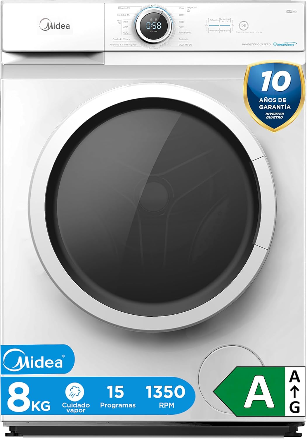 Máquina de lavar roupa, Midea, 8 kg, 1950 W, 1350 rpm, 15 Programas, algodão, tecido, Multicolor, para uso diário