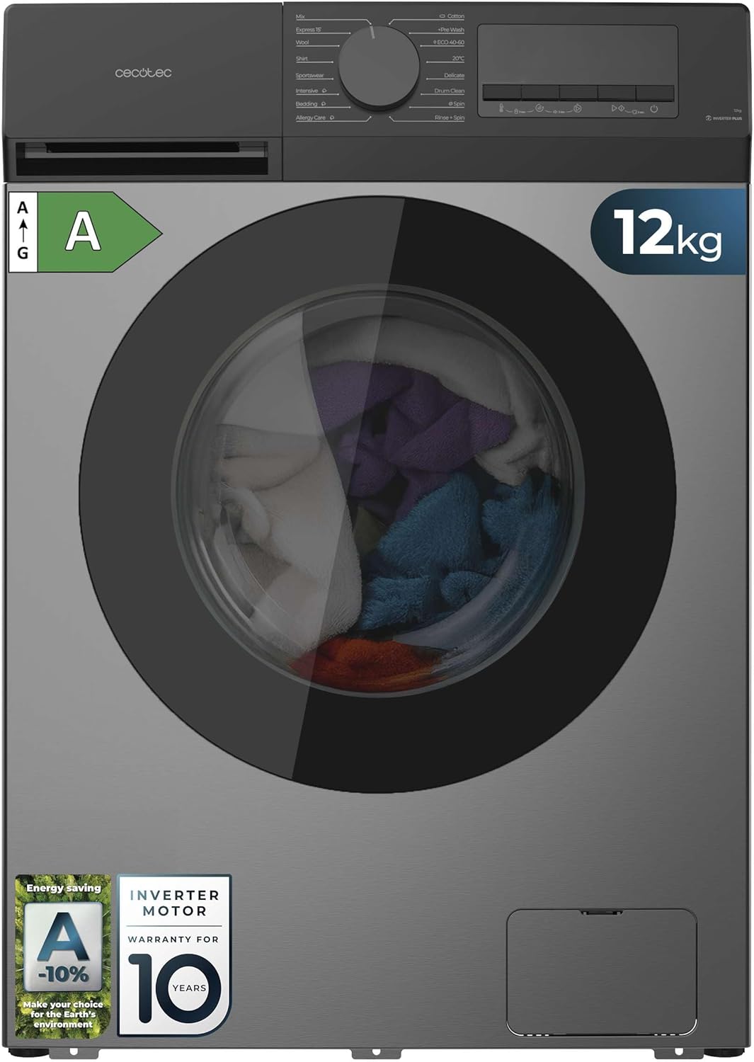Cecotec, Máquina de lavar roupa, A-20, 12 Kg, 1400 rpm, 16 programas, Classe A-, com iluminação LED, tecido, Multicolor, para uso diário