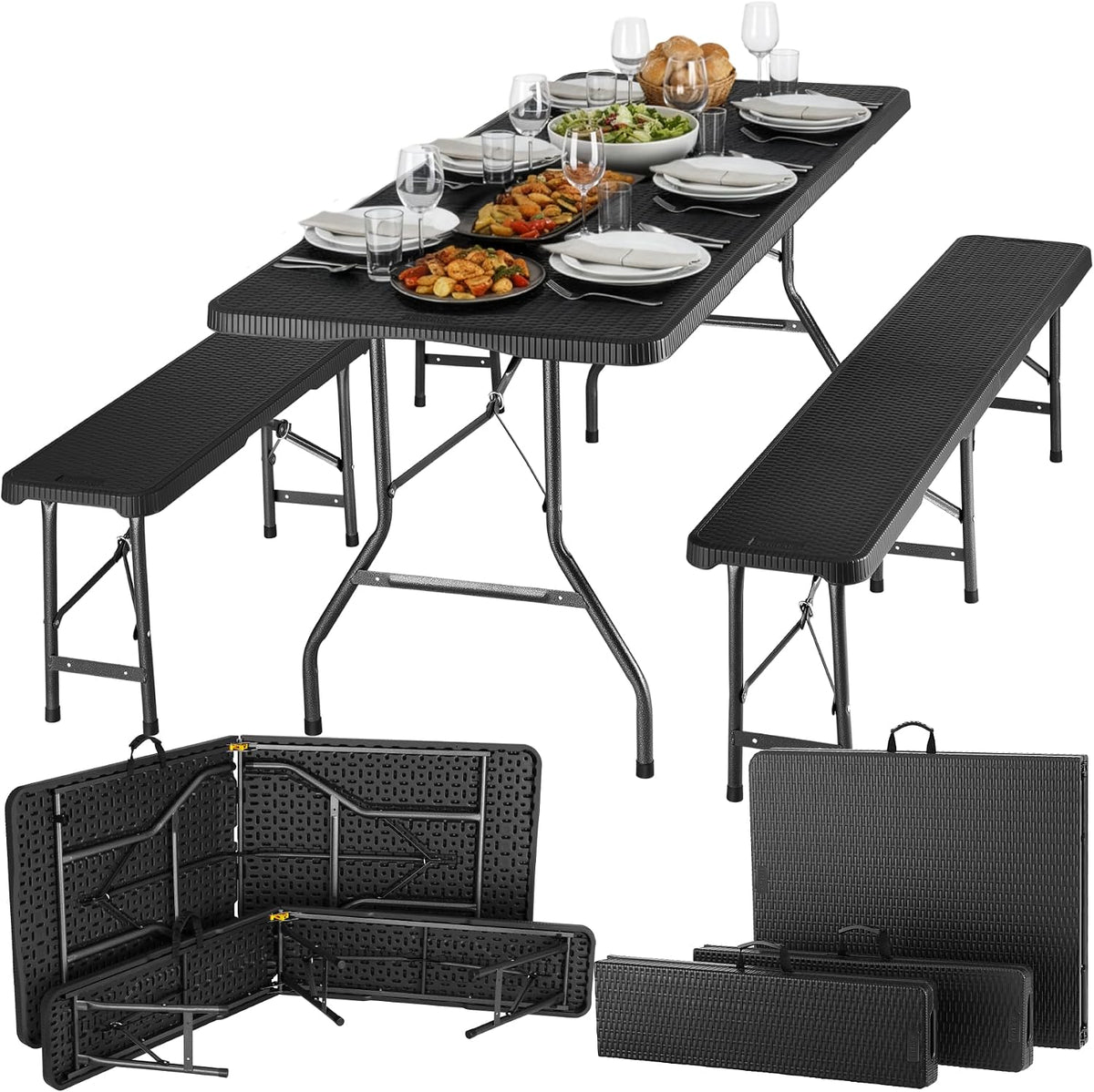 Mesa, tectake, 3-teiliges, 180cm, dobrável, aço, ratã, Preto, para uso diário