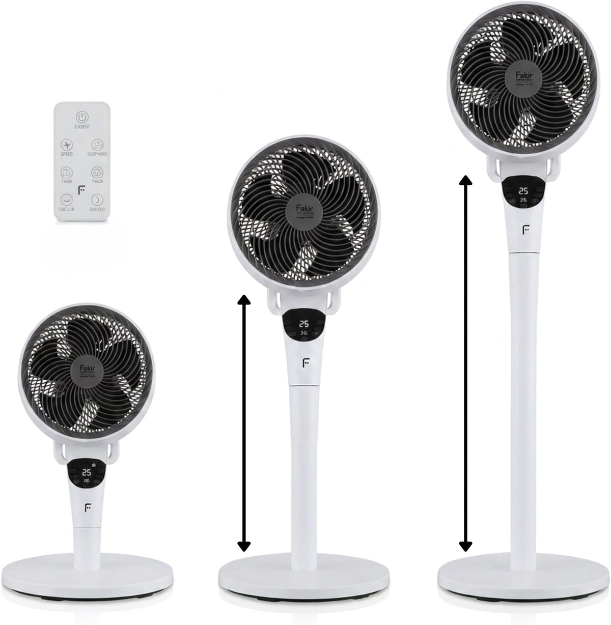 Ventoinha de pé, Fakir, prestige, 12 níveis, 24 dB, 62 cm, 33 cm, 5,4 kg, altura regulável, regulável, com comando à distância, Branco