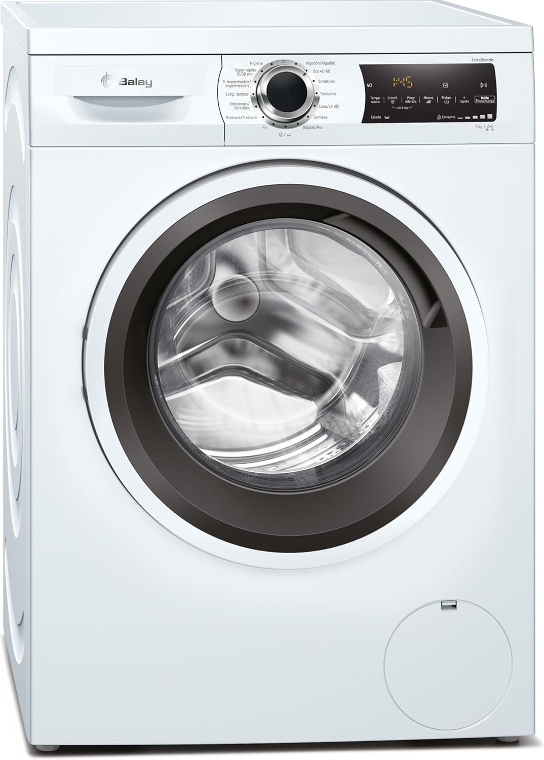 Máquina de lavar roupa, Balay, 3TS995BP, 9 kg, 59 cm, 82 cm, 1400 rpm, 71 db, 3 G, com iluminação LED, com prateleiras, aço, Branco, para uso diário