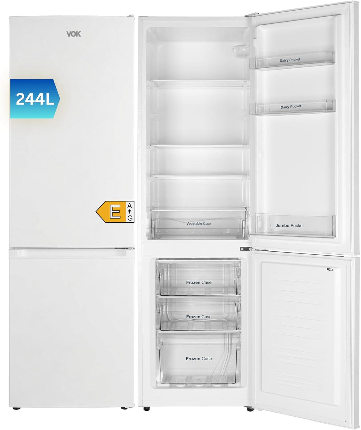 Frigorífico combinado, VOK, 244 L, 180 cm, 5 cm, Classe E, com iluminação LED, com gavetas, com prateleiras, vidro, Branco, para uso diário