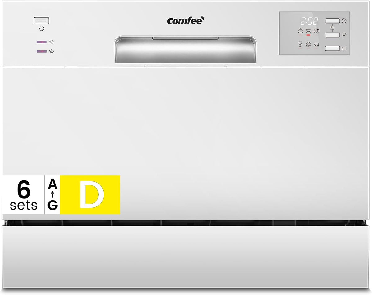 Máquina de lavar loiça, Comfee, CDWMT0602EWD-EU, 6 Programas, 250 mm, 1,8 m, 1,7 m, 3 pessoas, com prateleiras, vidro, Multicolor, para uso diário