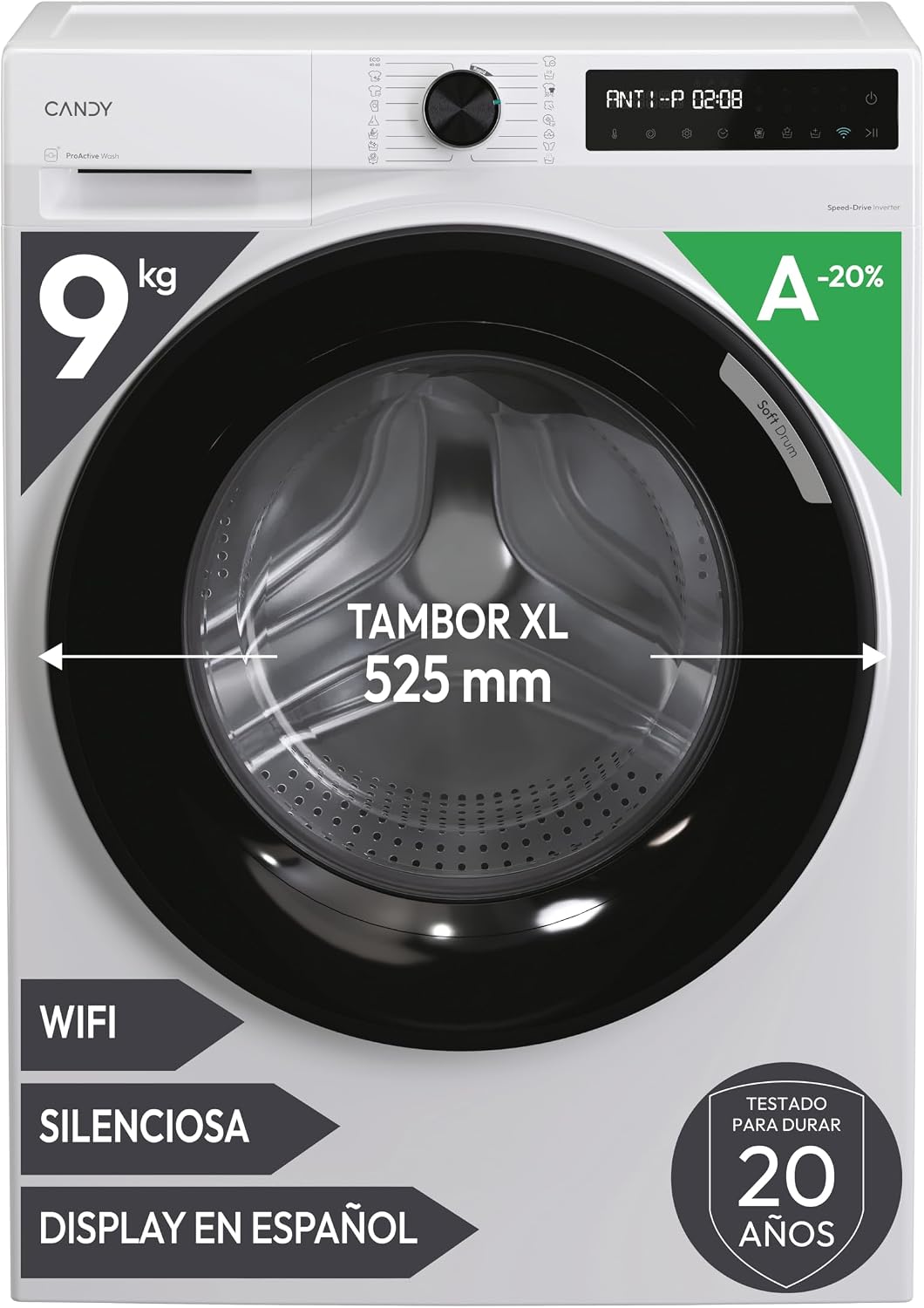 Máquina de lavar roupa, CANDY, 49SBL8-S, 9 KG, 1400 RPM, 5 cm, 72 DB, com controlo por aplicação, plástico, tecido, Branco, para uso diário