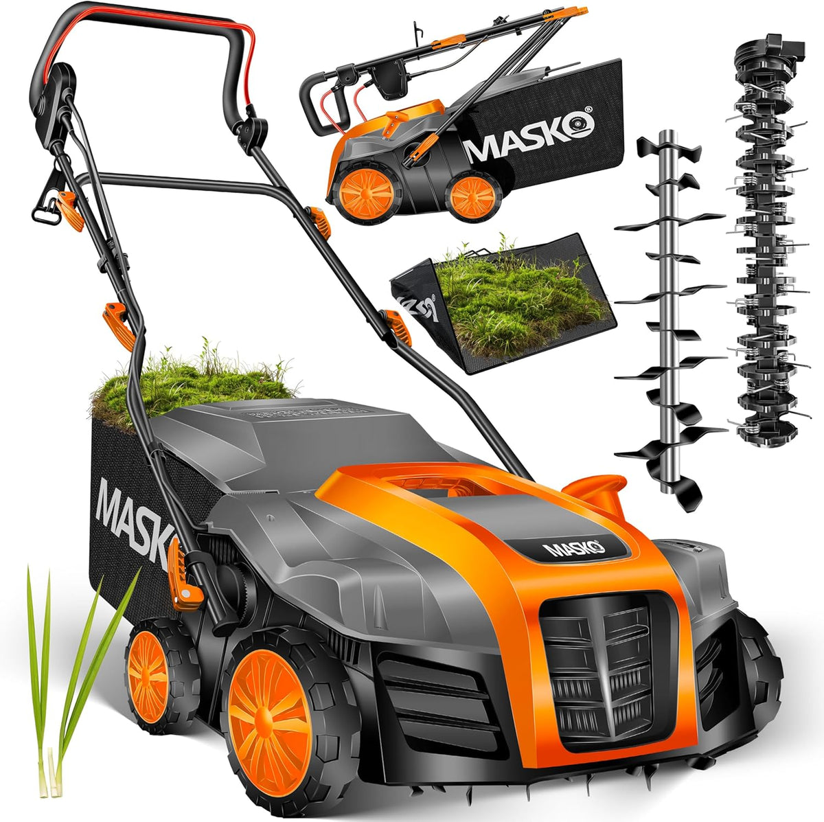 Escarificador, MASKO, 1800W, 40cm, 55L, dobrável, altura regulável, regulável, aço, Mehrfarbig, para utilização no exterior