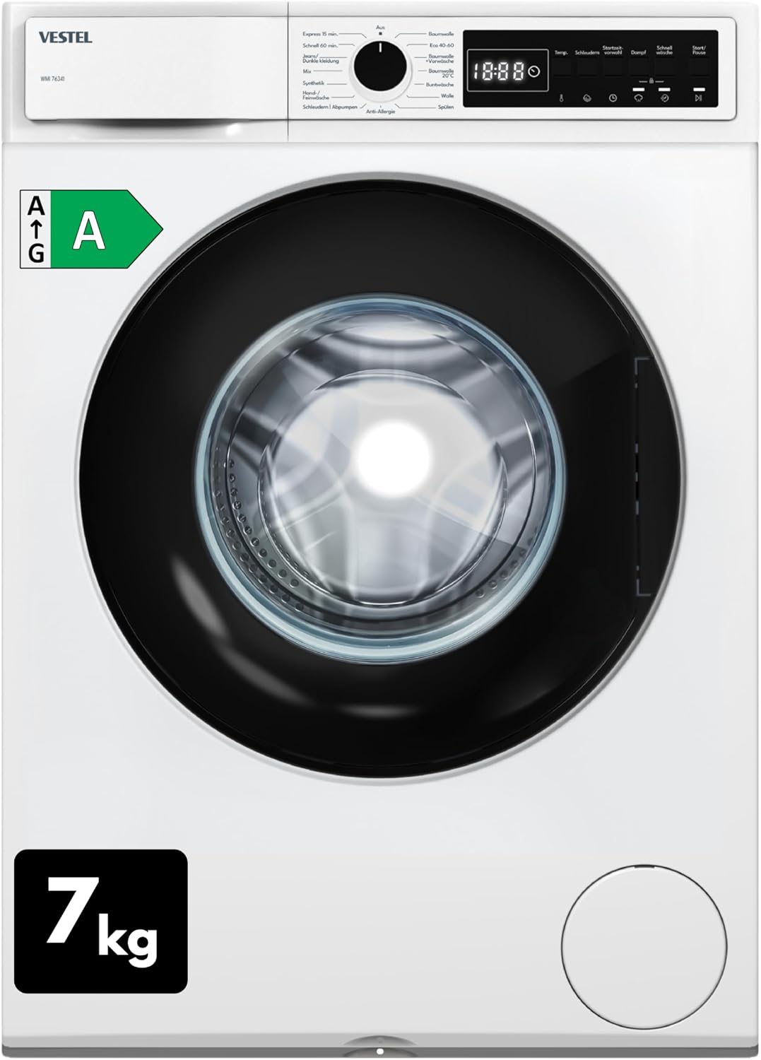 Máquina de lavar roupa, Vestel, WMI, 7 kg, 1400 U/min, classe energética A, 7 cm, algodão, Branco, para uso diário